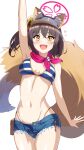  1girl :d animal_ear_fluff animal_ears arm_up armpits bangs bikini black_hair blue_archive breasts cleavage commentary_request denim denim_shorts eyeshadow flower fox_ears fox_girl fox_tail hair_between_eyes hair_flower hair_ornament halo heart izuna_(blue_archive) izuna_(swimsuit)_(blue_archive) looking_at_viewer makeup medium_hair navel ninja official_alternate_costume one_side_up pom_pom_(clothes) pom_pom_hair_ornament red_scarf rin_ateria scarf short_shorts shorts sidelocks sleeveless smile solo stomach striped striped_bikini sunflower swimsuit tail visor_cap waving white_background yellow_eyes 