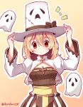  1girl arch_bishop_(ragnarok_online) blonde_hair blush bow breasts brown_background brown_bow cleavage_cutout closed_mouth clothing_cutout commentary_request cowboy_shot cross doridori dress ghost gradient_background hair_between_eyes hands_on_headwear hat hat_bow juliet_sleeves long_bangs long_sleeves looking_at_viewer medium_breasts medium_hair notice_lines pelvic_curtain puffy_sleeves ragnarok_online red_eyes sash smile twitter_username two-tone_dress whisper_(ragnarok_online) white_dress white_headwear yellow_sash 