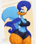  2023 anthro avian bird breasts cleavage clothed clothing crossgender cuculiform digital_media_(artwork) dreamerknight eyelashes female hi_res looking_at_viewer looney_tunes midriff mtf_crossgender navel new_world_ground_cuckoo non-mammal_breasts road_runner_(looney_tunes) roadrunner smile smiling_at_viewer solo thick_thighs warner_brothers 