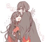  1boy 1girl black_cape brother_and_sister cape closed_eyes crying fate/grand_order fate_(series) fiery_hair gloves hi_(wshw5728) highres hug long_hair long_sleeves low_ponytail oda_nobukatsu_(fate) oda_nobunaga_(fate) open_mouth otoko_no_ko ponytail red_cape siblings simple_background streaming_tears sweat tears very_long_hair white_background 