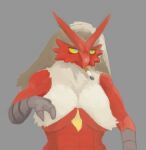  2019 3_fingers anthro avian barely_visible beak blaziken blue_eyes breasts cigarette cigarette_in_mouth digital_drawing_(artwork) digital_media_(artwork) female fingers front_view frown generation_3_pokemon grey_background grumpy guide_lines hi_res length_portrait nintendo nobodyshouse object_in_mouth pokemon pokemon_(species) red_body simple_background solo yellow_sclera 