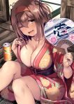  1girl absurdres bikini_tan blush breasts brown_eyes brown_hair can cleavage collarbone floral_print hair_between_eyes hairband hand_fan highres holding holding_fan indoors japanese_clothes jewelry kantai_collection kimono kimono_pull kuromayu large_breasts leaf_print looking_at_viewer one_eye_closed open_mouth paper_fan red_hairband ring sash shiratsuyu_(kancolle) sitting solo tan tanlines wedding_ring wide_sleeves wooden_floor 