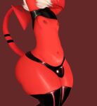  2023 ahoeforcoffee arm_over_head bulge clothed clothing demon demon_humanoid english_text hair helluva_boss hi_res humanoid imp latex latex_clothing latex_legwear latex_stockings male moxxie_(helluva_boss) nipples raised_arm raised_tail red_body skimpy slightly_chubby solo standing tail text thick_thighs white_hair wide_hips 