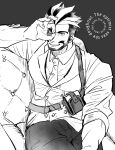  1boy bara beard collared_shirt couch facial_hair greyscale hair_slicked_back highres large_pectorals leather looking_at_viewer male_focus mature_male monochrome multicolored_hair muscular muscular_male necktie ok_sign ok_sign_over_eye on_couch oscar_(housamo) pectorals shirt short_hair sitting smile smirk solo tass_commuovere tokyo_afterschool_summoners two-tone_hair 