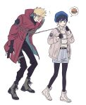  1boy 1girl blonde_hair blue_eyes blue_headwear blush earrings jacket jewelry meryl_stryfe short_hair simple_background skdlfjgrp smile sunglasses trigun trigun_stampede vash_the_stampede white_background white_footwear white_jacket 