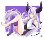  1girl akira_miku_ver barefoot blush feet highres hololive horns la+_darknesss multicolored_hair nail_polish pointy_ears purple_nails purple_thighhighs simple_background single_bare_leg single_barefoot single_thighhigh solo thighhighs toenails toes white_hair yellow_eyes 