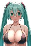  1girl alternate_breast_size aqua_eyes aqua_hair arms_at_sides bikini blush breasts cleavage closed_mouth collarbone covered_nipples crossed_bangs hair_between_eyes halterneck hatsune_miku highres hormone_koijirou large_breasts long_hair looking_at_viewer o-ring o-ring_bikini sideboob simple_background smile solo string_bikini swimsuit twintails upper_body vocaloid white_background 