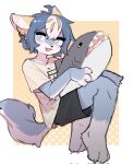  ahoge ambiguous_gender anthro barefoot black_bottomwear black_clothing black_shorts blue_eyes blue_hair bottomwear canid canine canis claws clothed clothing crayon_(artist) cute_fangs feet hair hi_res holding_object holding_plushie inner_ear_fluff kemono looking_at_viewer mammal open_mouth open_smile plushie shark_plush shirt short_hair shorts smile solo toe_claws topwear tuft white_clothing white_shirt white_topwear wolf 