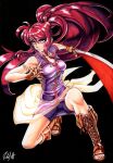 1990s_(style) 1girl armlet big_hair black_background boots breasts brown_footwear brown_gloves collarbone collared_dress cross-laced_footwear dress fingerless_gloves fire_emblem fire_emblem:_the_sacred_stones gloves hair_between_eyes hair_tie highres holding holding_sword holding_weapon long_hair low-tied_long_hair marisa_(fire_emblem) medium_breasts one_side_up purple_dress red_eyes red_hair retro_artstyle signature sirknightbot sleeveless sleeveless_dress solo squatting sword weapon 