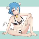  1girl :d animal_print aqua_background arm_support bare_legs barefoot bell bikini blue_hair blush breasts collarbone commentary cow_girl cow_horns cow_print cow_tail fang feet full_body hair_between_eyes horns jashin-chan_dropkick large_breasts legs looking_at_viewer minos_(jashin-chan_dropkick) navel neck_bell open_mouth red_eyes short_hair simple_background sitting smile solo swimsuit tail toenails toes toshimeki two-tone_background white_background 