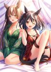  2girls :d ;d animal_ears babydoll bare_arms bare_shoulders barefoot bed_sheet between_legs black_hair blush breasts brown_eyes brown_hair cleavage collarbone commentary_request hair_between_eyes hand_between_legs hand_up highres horse_ears horse_girl horse_tail kitasan_black_(umamusume) knees_together_feet_apart knees_up long_hair long_sleeves looking_at_viewer medium_breasts multicolored_hair multiple_girls one_eye_closed satono_diamond_(umamusume) sleeves_past_fingers sleeves_past_wrists smile streaked_hair tail toshi_(1-147) umamusume v very_long_hair white_hair 