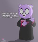  2023 anthro bear biped book dialogue eyewear glasses hi_res humanoid_hands mammal mitsukizuzu padre_(unicorn_wars) purple_body simple_background solo spanish_text text unicorn_wars 