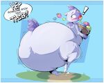  ambiguous_gender anthro big_butt blush butt dialogue eating exclamation_point food generation_2_pokemon hi_res huge_butt huge_thighs hyper hyper_butt nintendo offscreen_character pokemon pokemon_(species) purple_body red_eyes sneasel solo speech_bubble text thick_thighs veryfilthything wide_eyed 