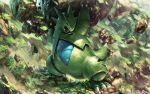  arms_up boulder carrying_overhead claws fangs grass green_tail no_humans open_mouth pokemon pokemon_(creature) solo spiked_tail spikes tail tenshinhannnn tyranitar 