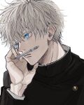  1boy black_jacket blue_eyes closed_mouth gojou_satoru hand_up highres jacket jujutsu_kaisen jujutsu_tech_uniform long_sleeves looking_away male_focus namida_a2 pen short_hair simple_background solo upper_body white_background white_hair 