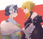  2girls absurdres black_gloves black_kimono blonde_hair blue_eyes blue_hair blue_kimono bow closed_mouth commentary cowboy_shot detached_sleeves english_commentary flower fur_scarf futomoy gloves hair_bun hair_flower hair_intakes hair_ornament hand_on_hip highres hololive hololive_english hololive_indonesia japanese_clothes kaela_kovalskia kimono large_bow looking_at_viewer medium_hair mixed-language_commentary multiple_girls obi obiage obijime official_alternate_costume ouro_kronii profile red_background red_eyes red_gloves sash short_hair sidelocks simple_background smile smug two-tone_gloves virtual_youtuber white_bow 