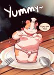  2023 absurd_res anthro belly big_belly blush bulge chef_hat clothing cricetid detailed_background dialogue english_text hamster hat headgear headwear hi_res kemono male mammal micro moobs nipples overweight overweight_male porkflo55 rodent solo text underwear 