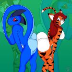  2018 anthro ass_to_ass bent_over big_breasts big_butt blue_body blue_scales blue_skin breasts butt collaboration digital_media_(artwork) duo featureless_breasts felid female female/female fur hair hands_on_legs hands_on_thighs hi_res interspecies june_(justathereptile) justathereptile komodo_dragon lizard looking_at_viewer mammal monitor_lizard non-mammal_breasts nude odile_nightingale one_eye_closed orange_body orange_fur pantherine raised_tail red_eyes red_hair reptile scales scalie scutes simple_background smile stripes tail the-stooge thick_thighs tiger watermark 