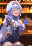  1girl ;d absurdres bar_(place) black_hairband black_leotard blue_cape blue_gloves blue_hair blue_necktie blurry blurry_background blush breasts butterfly_hair_ornament cape clothing_cutout cocktail_glass commentary_request covered_navel crossed_bangs cup drinking_glass eula_(genshin_impact) genshin_impact gloves hair_between_eyes hair_ornament hairband hand_up highres indoors leotard long_sleeves looking_at_viewer medium_breasts medium_hair necktie one_eye_closed open_mouth shelf shoulder_cutout sidelocks sitting smile solo teeth thighhighs upper_teeth_only vic_1223 vision_(genshin_impact) white_sleeves wide_sleeves yellow_eyes 