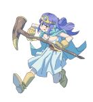  &gt;:( 1girl blue_cape blue_dress blue_gemstone blush boots breasts brown_sash cape circlet cleavage closed_mouth dragon_quest dragon_quest_iii dress frown gem gloves highres holding holding_staff light_purple_hair long_hair medium_breasts no_nose powerhamuhamu running sage_(dq3) sash simple_background solo staff strapless strapless_dress tongue tongue_out v-shaped_eyebrows white_background yellow_footwear yellow_gloves 