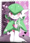  +_+ 1girl :&gt; absurdres argyle argyle_background bob_cut border closed_mouth colored_skin commentary flat_chest gardevoir glitch green_hair green_skin hair_between_eyes hands_up heart heart_hands highres licking_lips looking_at_viewer m3_(gardevoir_m3) multicolored_skin oshi_no_ko outside_border pink_background pokemon pokemon_(creature) purple_background raised_eyebrows red_eyes short_hair solo sparkle standing straight-on tongue tongue_out two-tone_background two-tone_skin upper_body white_border white_skin 