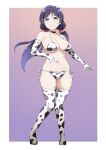  1girl animal_ears animal_print ass_visible_through_thighs bikini black_choker border breasts choker cleavage closed_mouth collarbone commission cow_ears cow_horns cow_print cow_print_bikini cow_print_thighhighs elbow_gloves full_body gloves green_eyes highres horns large_breasts limelam06 love_live! love_live!_school_idol_project low_twintails navel print_bikini print_gloves print_thighhighs purple_hair skindentation smile solo stomach swimsuit thighhighs toujou_nozomi twintails v-shaped_eyebrows white_border 