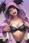  1girl black_bra black_hair black_nails blue_eyes bra breasts cleavage han_juri heterochromia highres looking_at_viewer medium_breasts miche multicolored_hair nail_polish navel onesie open_mouth pajamas pink_eyes pink_hair pink_pajamas solo stomach street_fighter street_fighter_6 underwear 