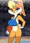  2023 animated animated_png anthro ball basketball_(ball) basketball_court basketball_uniform big_breasts blonde_hair blue_eyes bottomless bouncing_breasts breasts cleavage clothed clothing female fur genitals gloves hair handwear huge_breasts lagomorph leporid lola_bunny looking_at_viewer looney_tunes mammal multicolored_body multicolored_fur navel orange_body orange_fur pussy rabbit short_playtime siroc smile solo space_jam sportswear tan_body tan_fur two_tone_body two_tone_fur uniform warner_brothers 