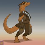  1:1 anthro bandolier barefoot brown_body brown_scales clothed clothing eyewear feet foxenawolf gloves goggles gradient_background handwear kobold male scales simple_background solo 