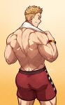  1boy absurdres artist_name back bara blonde_hair blue_eyes boku_no_hero_academia gradient_background highres kuroshinki male_focus muscular muscular_male red_shorts short_hair shorts simple_background smile solo teeth togata_mirio topless_male towel towel_around_neck 