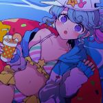  1girl :o baseball_cap bikini blue_eyes blue_hair blush breasts cup disposable_cup doughnut_innertube drinking_straw dutch_angle earrings hair_bun hands_up hat holding holding_cup hood hood_down hooded_jacket jacket jewelry looking_at_viewer multicolored_hair nail_polish navel nojima_minami open_clothes open_jacket open_mouth pinon_(pripara) pretty_(series) pripara small_breasts solo star_(symbol) star_earrings streaked_hair striped striped_bikini swimsuit water 