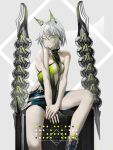  animal_ear_fluff animal_ears arknights bare_legs bare_shoulders black_footwear black_shorts boots breasts cat_ears character_name cleavage closed_mouth english_text feet_out_of_frame green_eyes green_nails grey_background grey_hair highres kal&#039;tsit_(arknights) kal&#039;tsit_(remnant)_(arknights) knee_boots looking_at_viewer mackia medium_breasts nail official_alternate_costume own_hands_together short_hair_with_long_locks short_shorts shorts sitting sleeveless smile two-tone_background white_background 