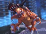  artist_name blurry blurry_background city digimon digimon_(creature) greymon lamppost no_humans open_mouth red_eyes running ryo@ sharp_teeth teeth 