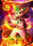  abstract_background anthro black_cape black_clothing black_hat black_headwear bloominglynx cheek_tuft clothing eeveelution facial_tuft fangs featureless_crotch fur generation_4_pokemon glistening glistening_eyes green_eyes hat headgear headwear holding_object holding_staff leafeon looking_at_viewer magic_user male nintendo open_mouth open_smile pokemon pokemon_(species) smile solo staff standing tan_body tan_fur teeth tuft 