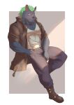  anthro belt blue_body blue_fur bottomwear clothing denim denim_clothing eggplant_nacl fur green_hair hair hi_res hyena jacket jeans leather leather_clothing leather_jacket leather_topwear lifewonders male mammal muscular muscular_anthro muscular_male nyarlathotep_(housamo) pants pecs shirt solo t-shirt tokyo_afterschool_summoners topwear 