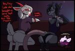  anthro blush bovid breasts butt camel_toe caprine clothing crea_(lotusgoatess) demon dialogue didelphid duo eyewear female female_focus fur glasses goat grey_body grey_fur hair hi_res horn kneeling looking_at_viewer lotus_(lotusgoatess) male mammal marsupial obsidian_(lotusgoatess) panties pink_tail psychorodent reaction_shot rear_view reptile round_glasses scales scalie shirt smile speech_bubble t-shirt tail tank_top topwear underwear white_hair 