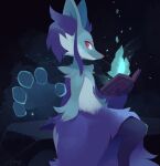  2023 anthro b-epon blue_body blue_fire blue_fur book cheek_tuft colored_fire delphox digital_media_(artwork) facial_tuft fire fur generation_6_pokemon hi_res holding_book holding_object looking_at_viewer nintendo okami_(mitsuyoshicf) pokemon pokemon_(species) red_eyes signature smile solo tuft 