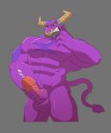  2_horns abs anthro balls bovid bovine cattle demon_bull_king eyebrows facial_piercing genitals hi_res horn k_hunnicutt lego_monkie_kid male mammal masturbation muscular muscular_anthro muscular_male nose_piercing pecs penile penile_masturbation piercing purple_balls purple_body purple_tail solo tail teeth 