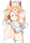  1girl anger_vein apron bikini blonde_hair breasts commentary_request garter_belt garter_straps gloves gold_bikini green_eyes hair_between_eyes highres huge_breasts kz_oji long_hair looking_at_viewer micro_bikini navel open_mouth original simple_background solo swimsuit thighhighs thighs white_background white_gloves white_thighhighs 