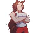  1girl absurdres animal_ears artist_name breasts brown_hair closed_mouth commentary_request crossed_arms empty_eyes hair_intakes highres horse_ears horse_girl horse_tail kawakami_princess_(umamusume) long_hair looking_at_viewer medium_breasts mukakin muscular muscular_female pants red_pants shirt simple_background solo tail tracen_training_uniform umamusume white_background white_shirt 