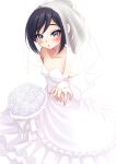  1girl absurdres alternate_costume asashio_(kancolle) black_hair blue_eyes bridal_veil commentary_request dress feet_out_of_frame highres jewelry kantai_collection long_hair makura_(y_makura) ring solo strapless strapless_dress veil wedding_dress wedding_ring white_dress 