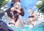  2girls absurdres arknights bikini black_bikini black_headwear black_one-piece_swimsuit black_sleeves blue_sky blush breasts cowboy_shot cross cross_earrings darling0221 day detached_sleeves earrings flower grey_eyes grey_hair groin hand_on_own_hip hat head_wings highres innertube irene_(arknights) jewelry large_breasts long_hair multiple_girls one-piece_swimsuit palm_leaf red_eyes scar scar_across_eye seaborn_(arknights) sky small_breasts specter_(arknights) swimsuit thigh_strap water white_flower wings 