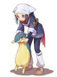  1girl akari_(pokemon) black_hair creature eyelashes grey_eyes head_scarf holding holding_creature long_hair open_mouth pokemon pokemon_(creature) pokemon_(game) pokemon_legends:_arceus quilava rakuchii_(rurituvo) red_scarf scarf sidelocks simple_background socks white_background white_headwear white_socks wide_sleeves 