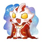 1boy arms_up blush bodysuit cape chain chibi chiren_(kc_chen) clenched_hands full_body highres male_focus no_nose no_pupils open_mouth red_cape signature ultraman_mebius ultraman_mebius_(series) white_background yellow_eyes 