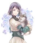  1girl animal blue_eyes closed_mouth commentary_request dog dress final_fantasy final_fantasy_xvi floral_background frilled_sleeves frills grey_hair hair_behind_ear high_collar highres holding holding_animal holding_dog jill_warrick juliet_sleeves long_sleeves looking_at_viewer puffy_long_sleeves puffy_sleeves quichi_91 short_hair smile swept_bangs torgal_(ff16) upper_body white_dress 