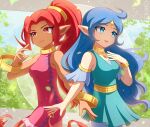  2girls absurdres aqua_dress bangle bare_shoulders blue_eyes blue_hair bracelet breasts circlet dark-skinned_female dark_skin din dress english_commentary enni gold_choker highres jewelry long_hair medium_breasts multiple_girls nayru pointy_ears red_dress red_eyes red_hair the_legend_of_zelda the_legend_of_zelda:_oracle_of_ages the_legend_of_zelda:_oracle_of_seasons 