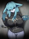  2023 3:4 5_fingers absurd_res anthro blue_hair bodily_fluids bottomless clothed clothing cum digital_media_(artwork) eeveelution female fingers front_view generation_4_pokemon genital_fluids glaceon hair hi_res looking_at_viewer nintendo pokemon pokemon_(species) solo taphris 