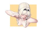 1girl absurdres an-94_(girls&#039;_frontline) black_hairband blonde_hair blush breasts closed_eyes collarbone completely_nude emile_aoi girls&#039;_frontline hairband highres nude open_mouth parted_bangs sidelocks simple_background solo upper_body 