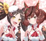  +_+ 2girls alternate_costume animal_ears apron black_hair blush breasts brown_eyes commentary_request fang hair_between_eyes hair_ornament hat highres horse_ears horse_girl kashiiyou large_breasts long_hair looking_at_viewer marvelous_sunday_(umamusume) medium_breasts medium_hair multiple_girls nice_nature_(umamusume) open_mouth pink_background portrait red_hair simple_background smile twintails umamusume yellow_eyes 