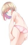  1girl ass blue_eyes bottomless brown_hair closed_mouth comah from_behind from_below highres looking_at_viewer looking_back looking_down original panties pink_panties polka_dot polka_dot_panties simple_background smile solo underwear underwear_only white_background 